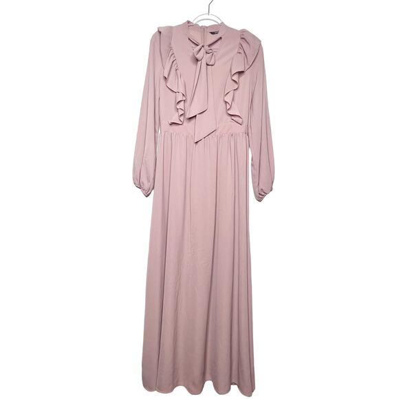 SHEIN Tie Neck Fit & Flare Ruffle Trim Long Sleeve Maxi Dress Rustic Pink Size M - Picture 11 of 11